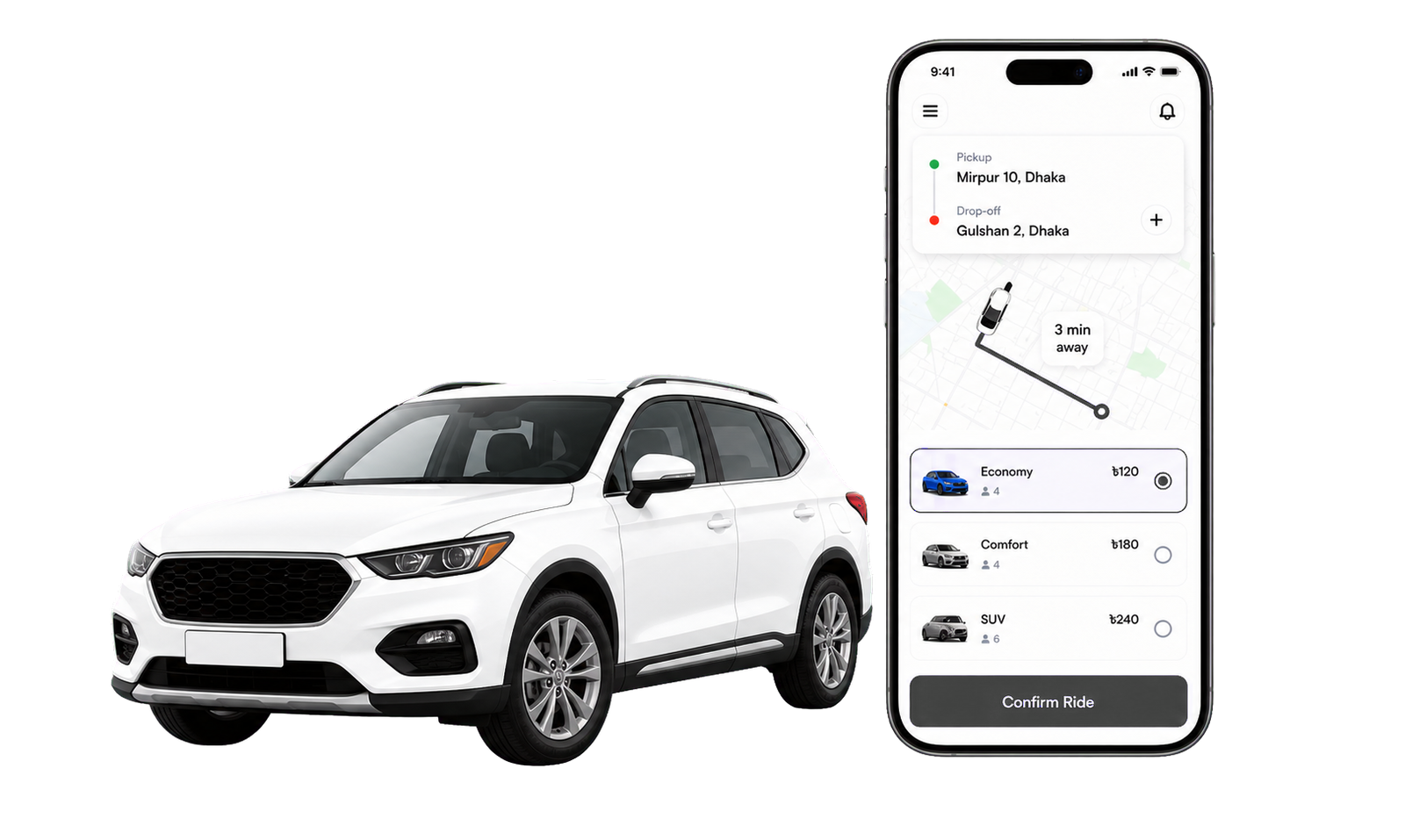 Meuvly app booking interface with car